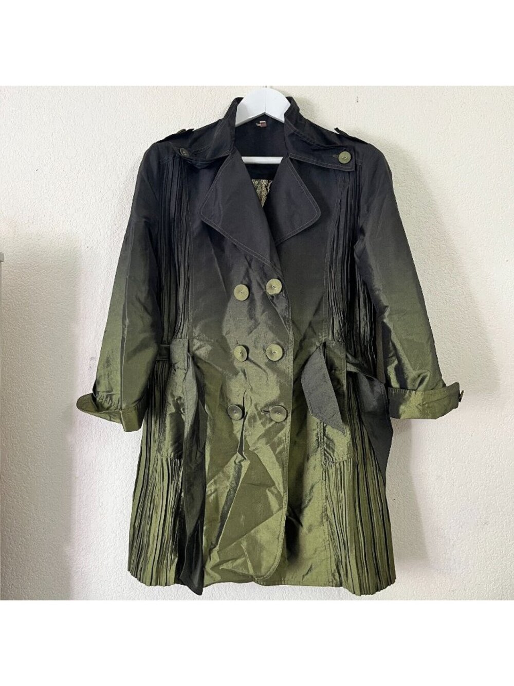 Lindi Metallic Jacket XL Women Green Ombre Shimmer Pleated Belt Double-Breast